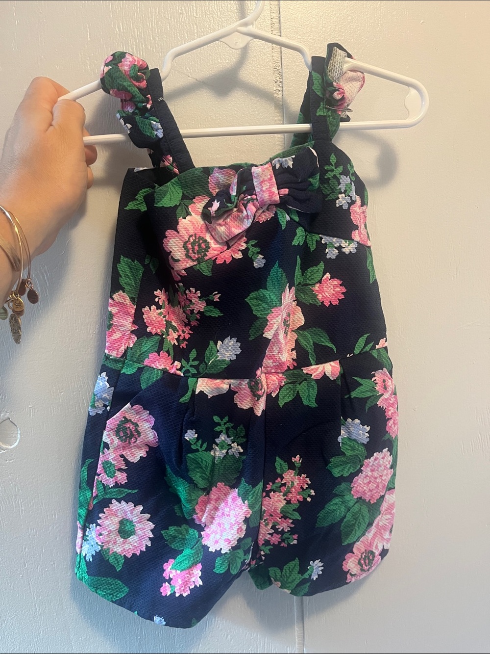 Janie and Jack Navy Floral Romper with Pink and Green Accents